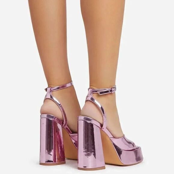 EGO NORRA ANKLE STRAP OPEN PEEP TOE PLATFORM BLOCK HEEL IN PINK PATENT - Picture 5 of 5